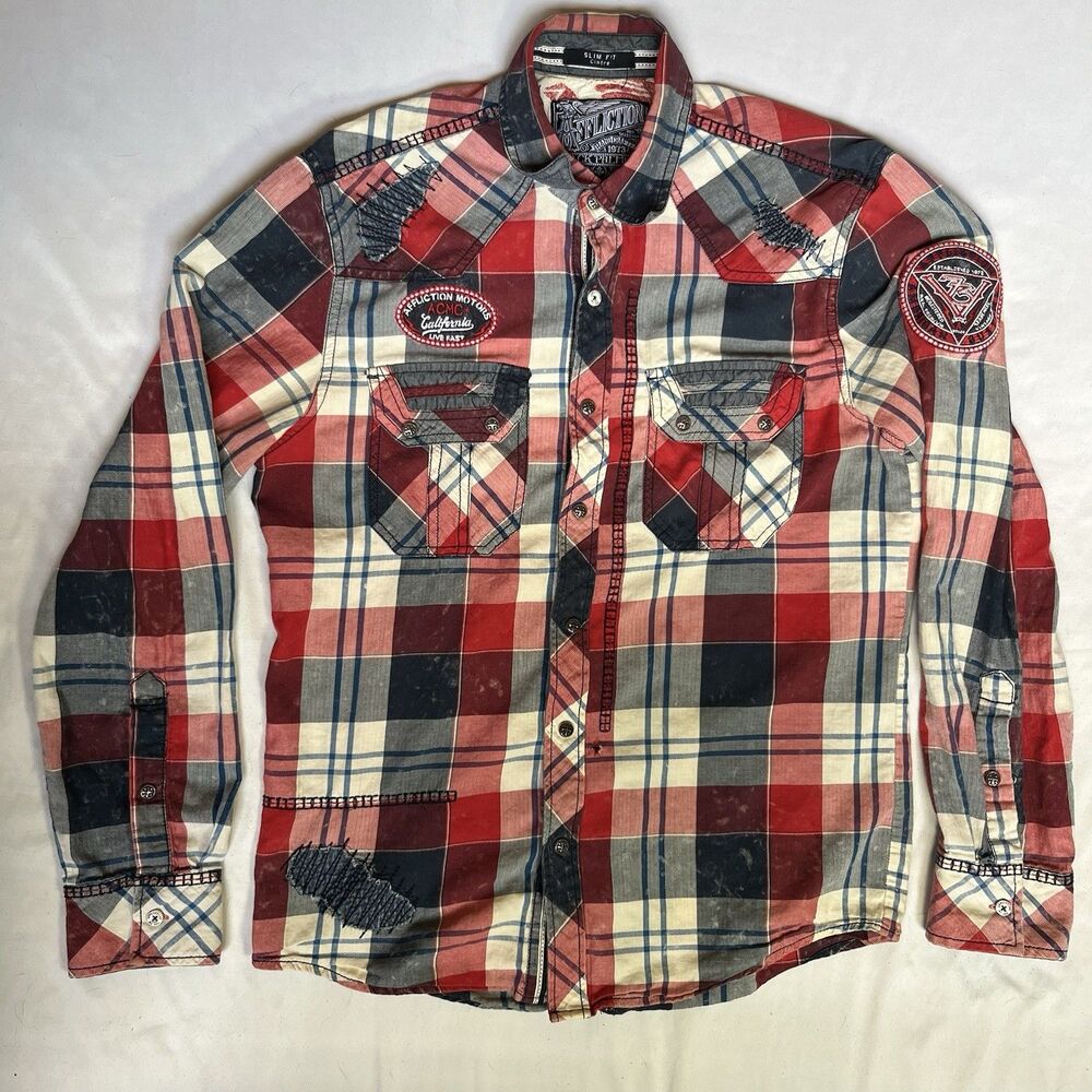 Affliction Black Premium Snap Button Distressed Shirt MC Patches Men's M Medium